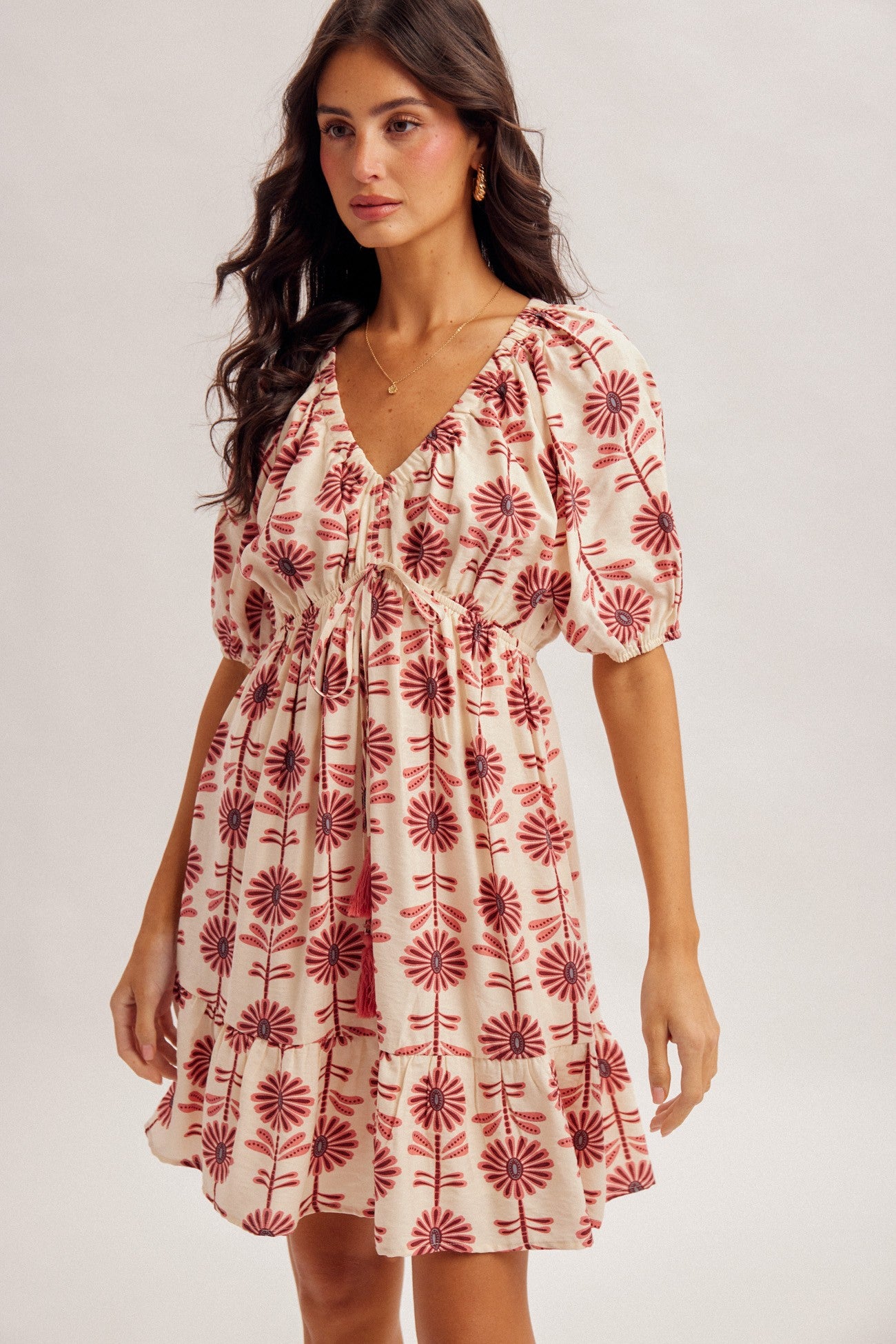 Floral V Neck Puff Sleeve Ruffle Mini Dress