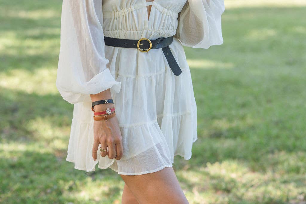 Brass-Toned Circle Buckle Leather Belt