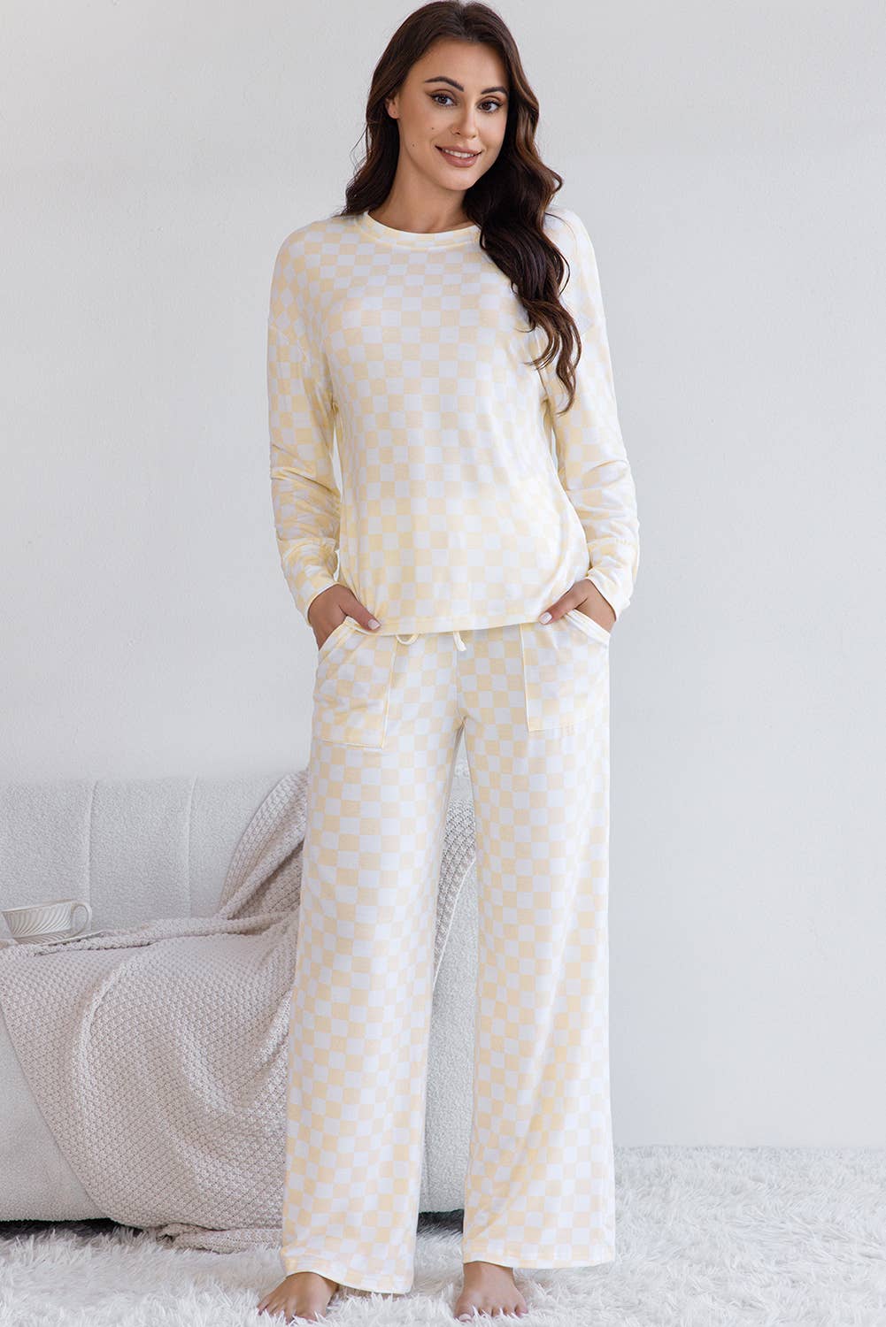 Checkered Print Long Sleeve Top and Pants Lounge Set