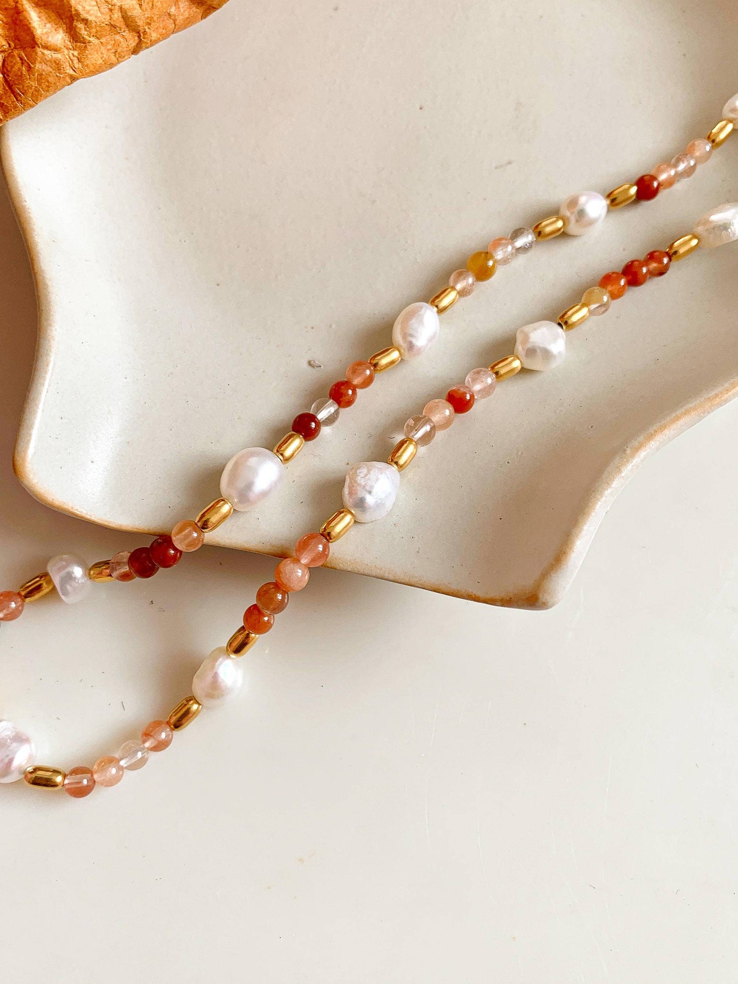 18K Non Tarnish Bohemian Rose Pearl and Bead Necklace