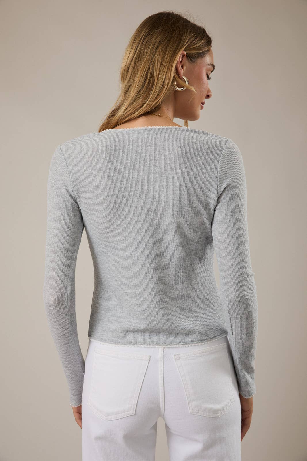 SQUARE NECK LONG SLEEVE BUTTON UP LACE TRIM TOP