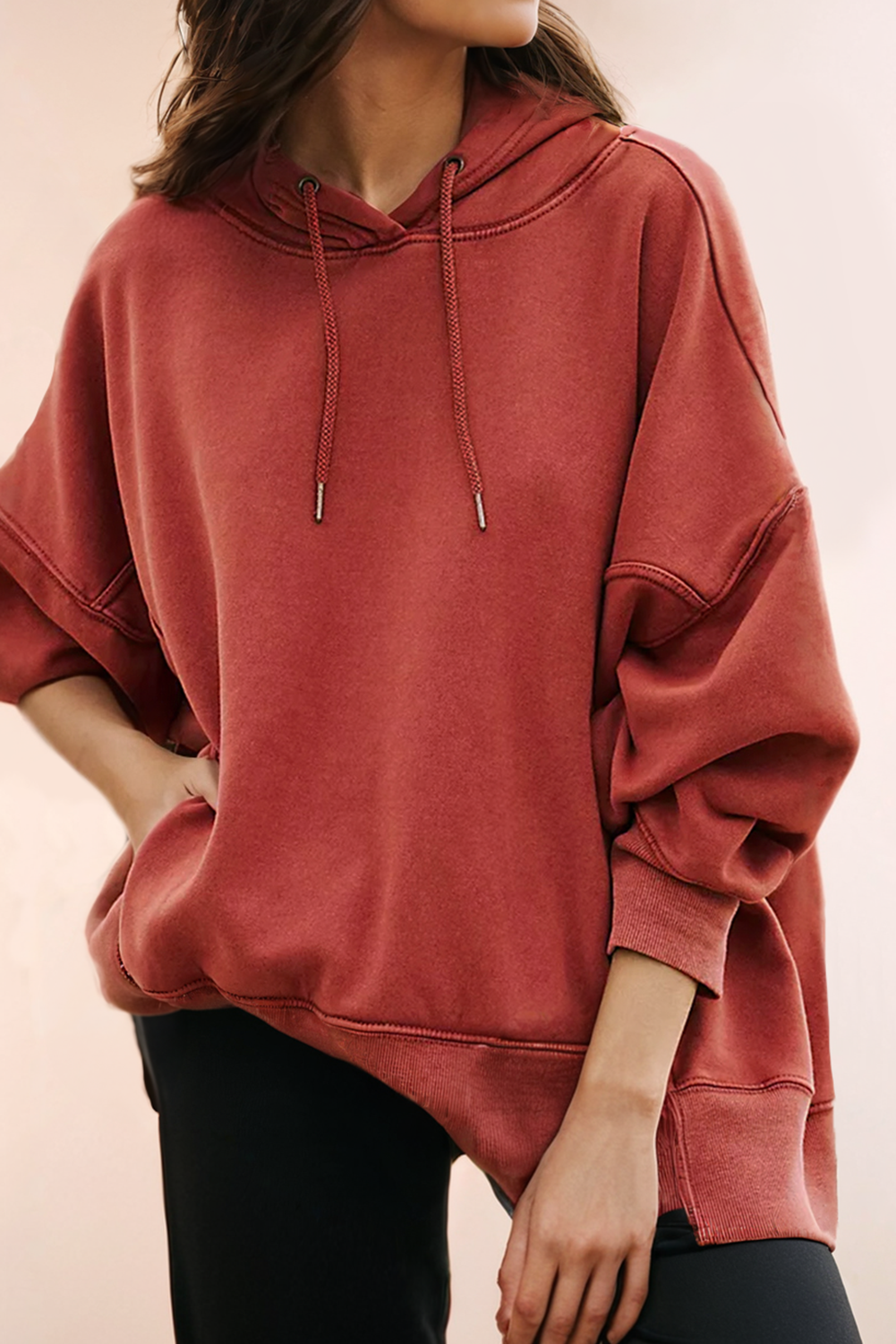 Drop Shoulder Pocketed Baggy Drawstring Hoodie