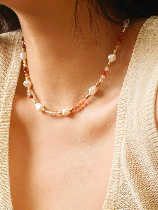 18K Non Tarnish Bohemian Rose Pearl and Bead Necklace
