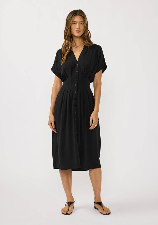 Pleated Front Waist Button Down Midi Dress