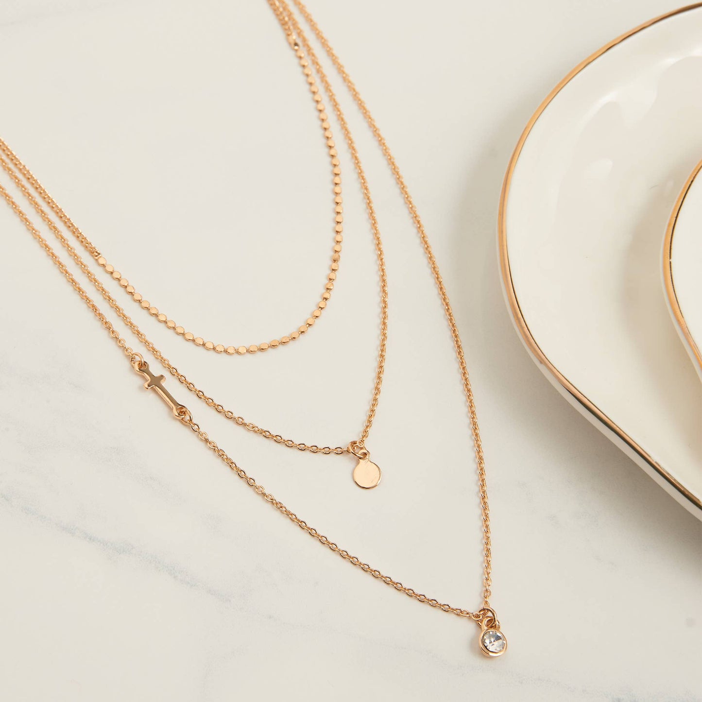 Layered Necklace Char 15" Gold  Side Cross Gem Pendant