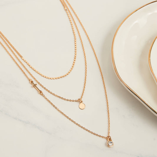 Layered Necklace Char 15" Gold  Side Cross Gem Pendant