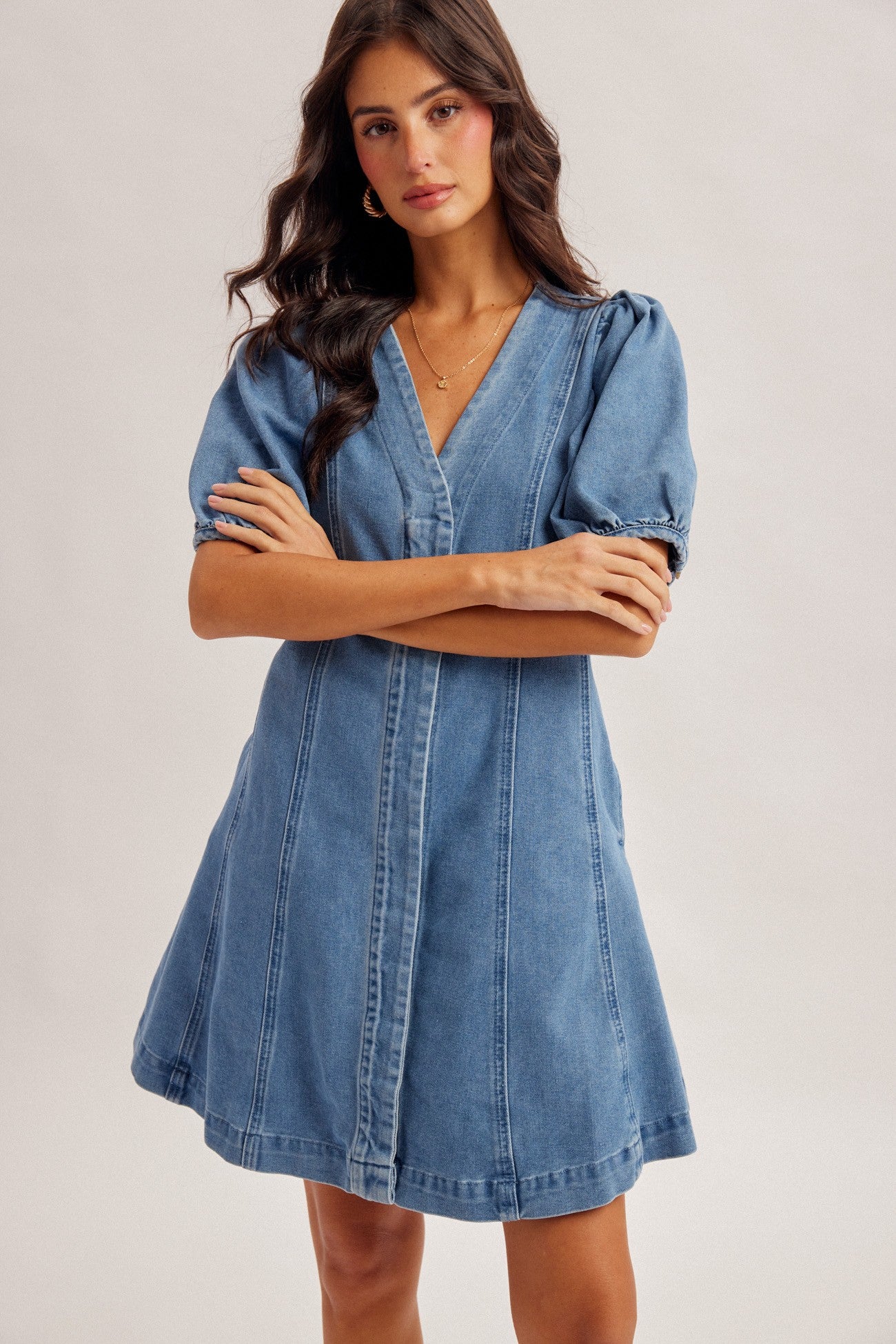 Poppy Puff Sleeve Flared Denim Dress