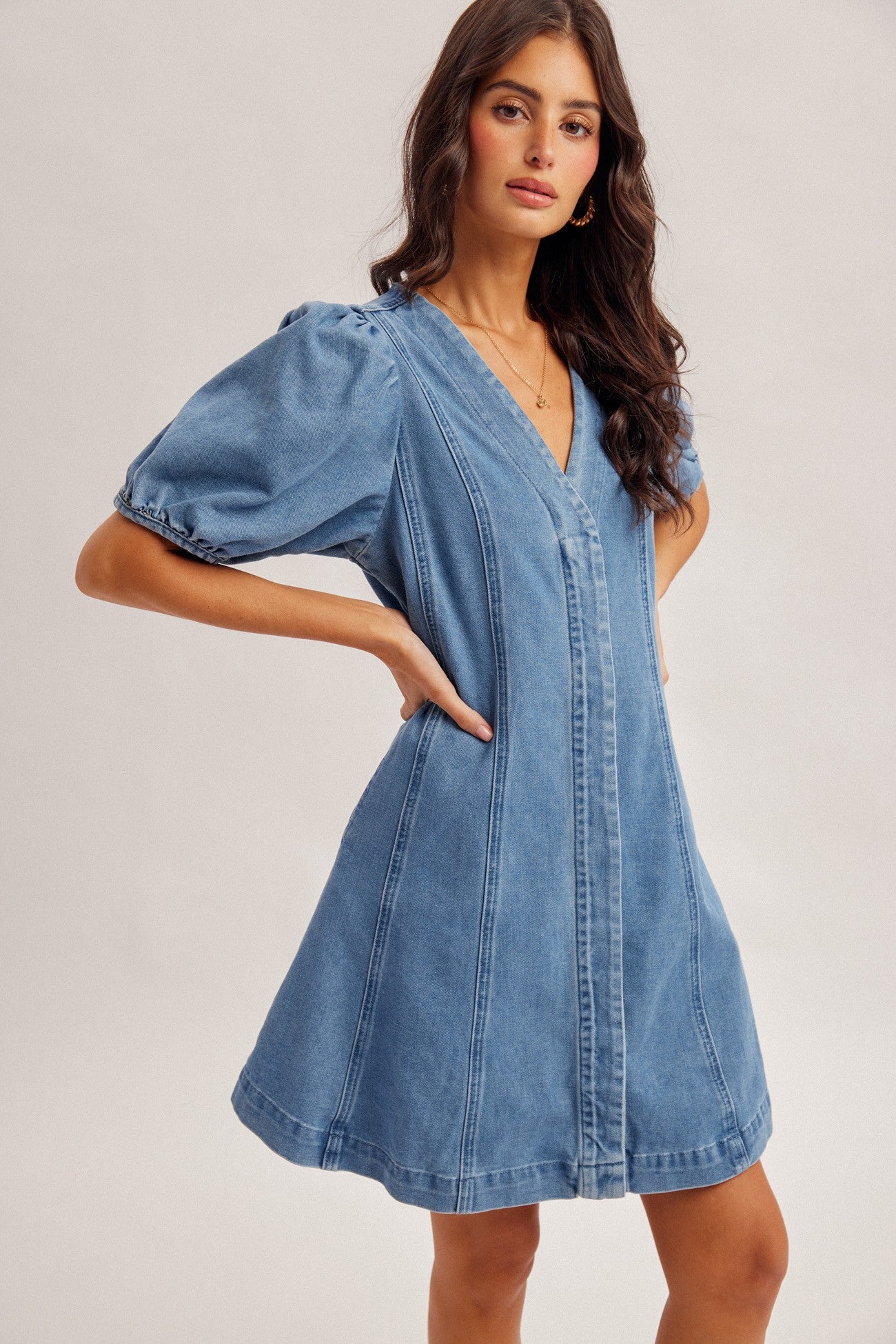 Poppy Puff Sleeve Flared Denim Dress