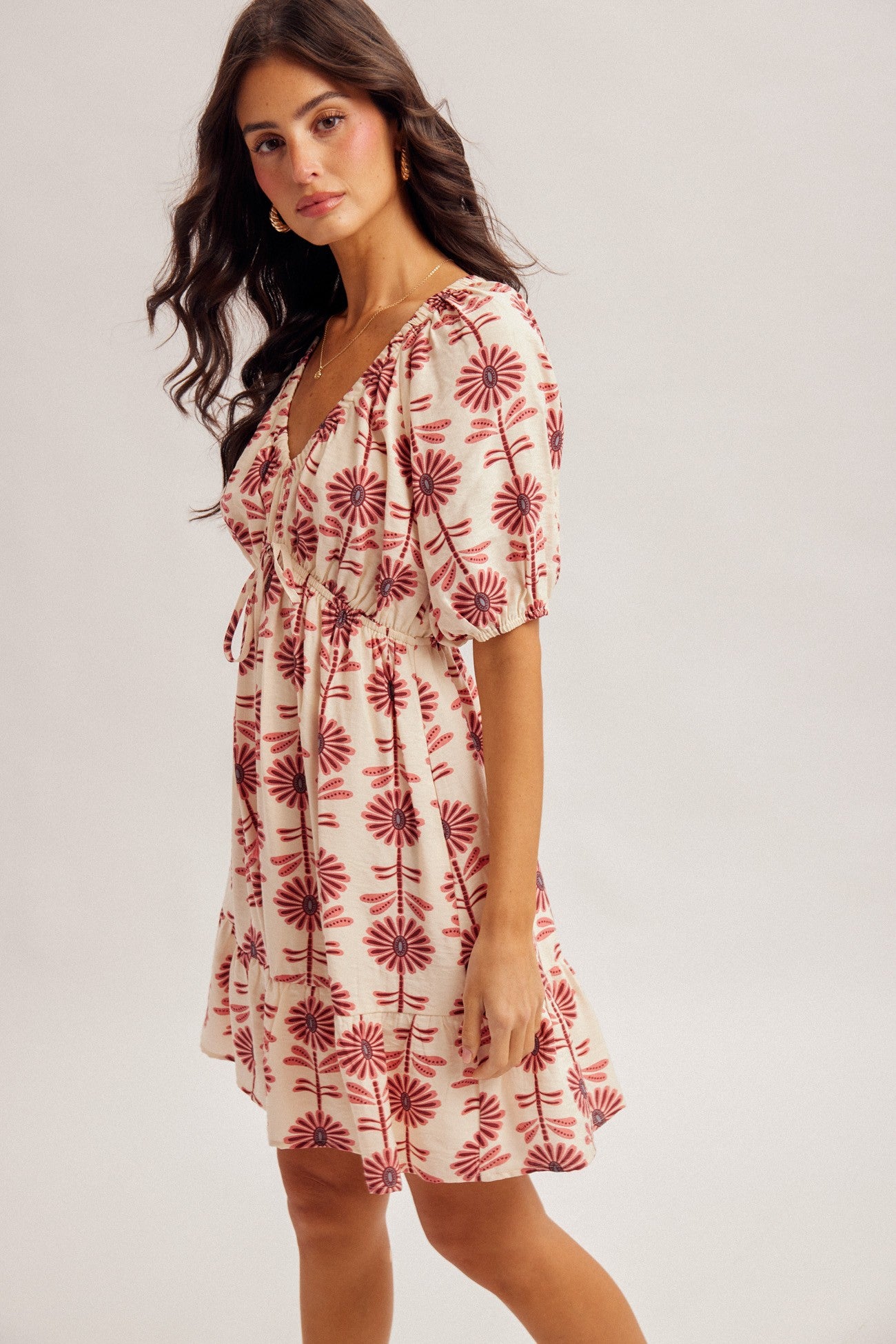 Floral V Neck Puff Sleeve Ruffle Mini Dress