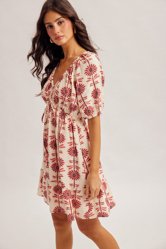 Floral V Neck Puff Sleeve Ruffle Mini Dress