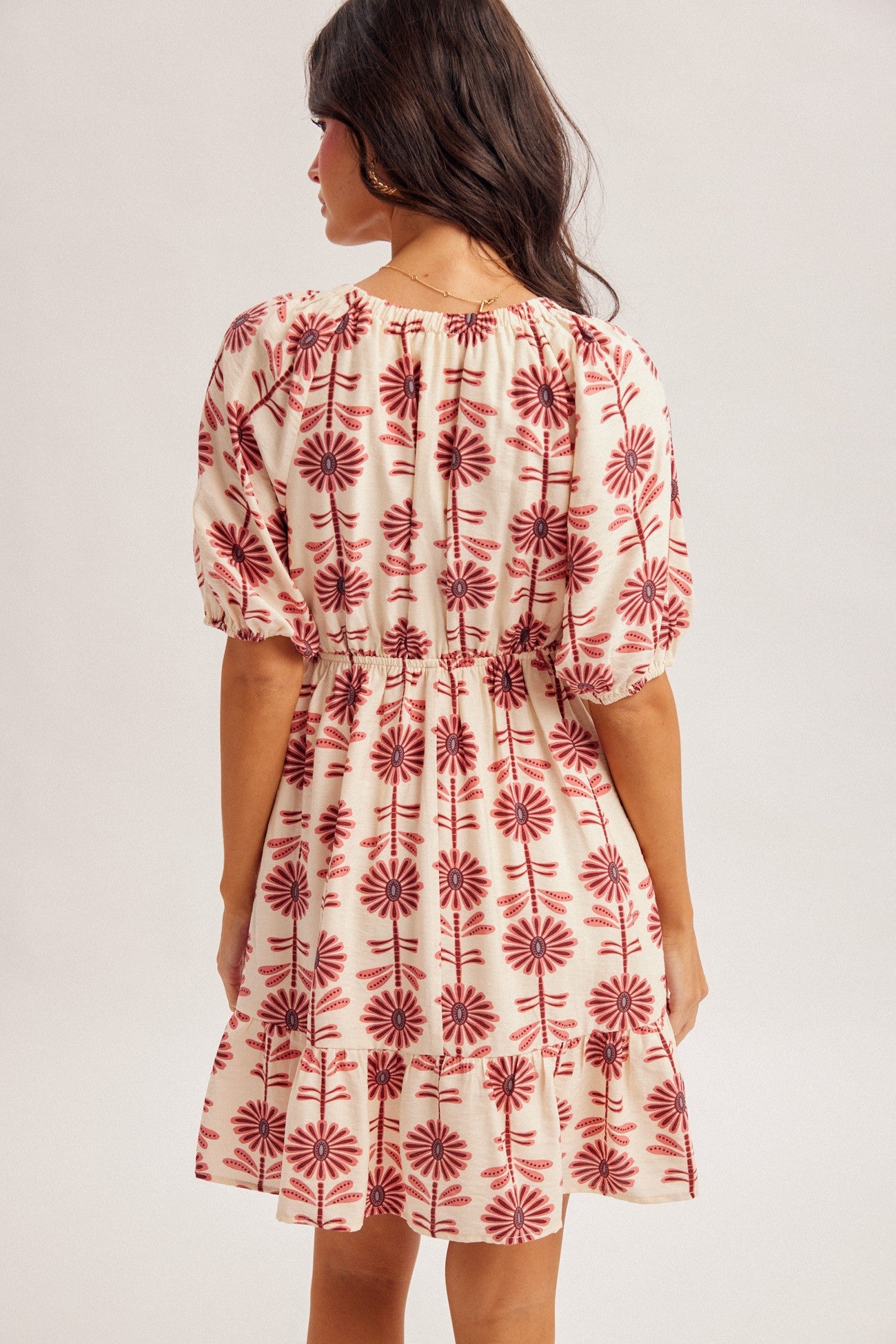 Floral V Neck Puff Sleeve Ruffle Mini Dress