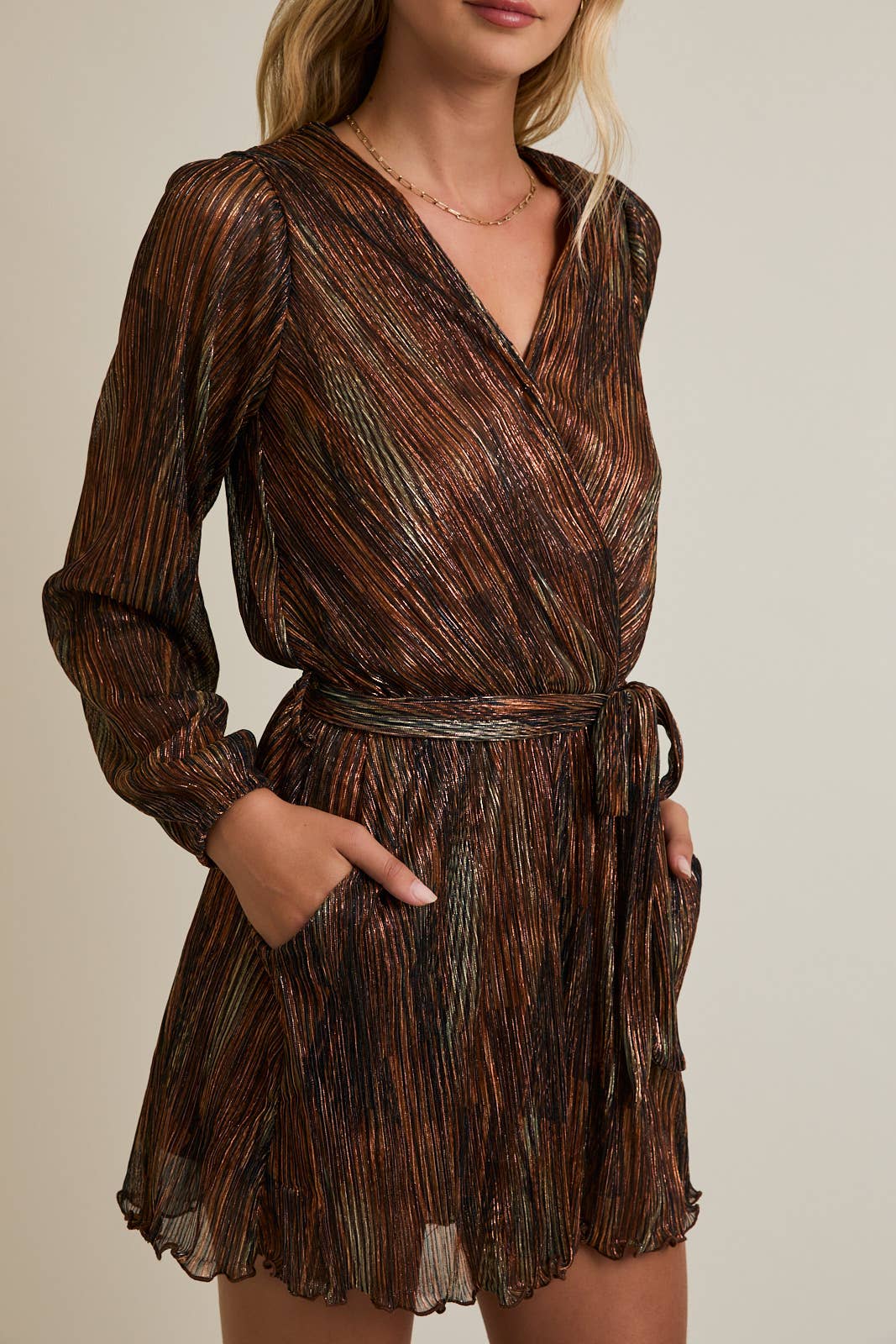 SURPLICE LONG SLEEVE WAIST TIE ROMPER