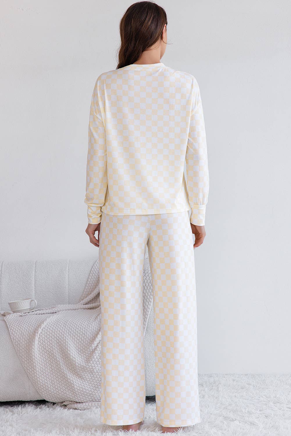 Checkered Print Long Sleeve Top and Pants Lounge Set