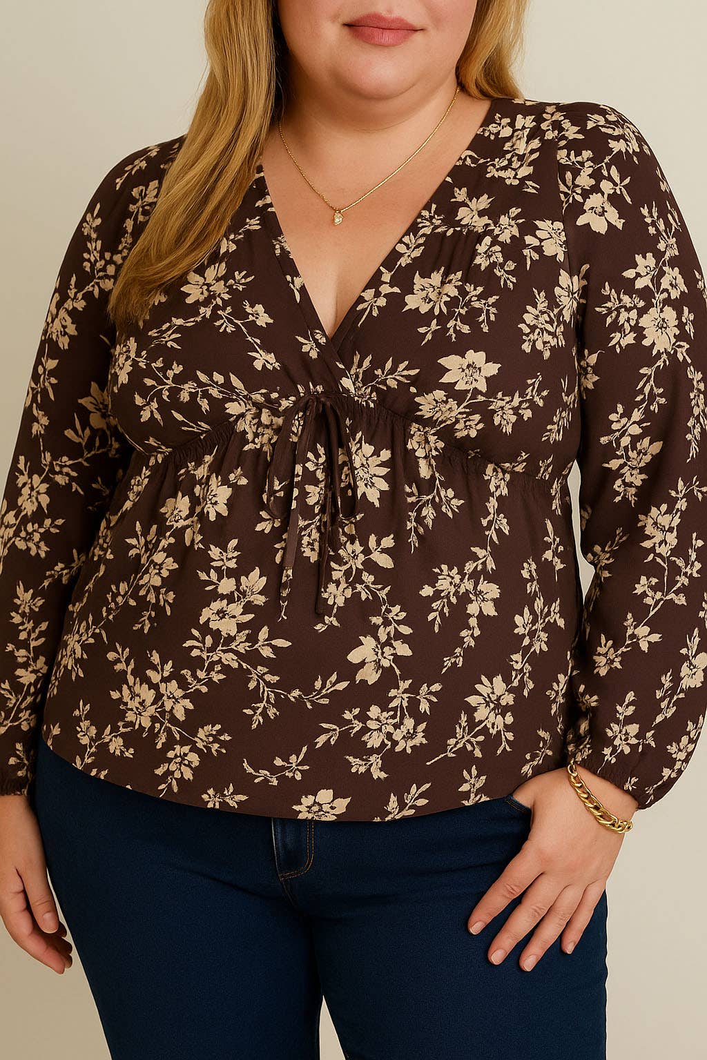 **PLUS** V-NECK FRONT TIE LONG SLEEVE FLARE HEM FLORAL TOP