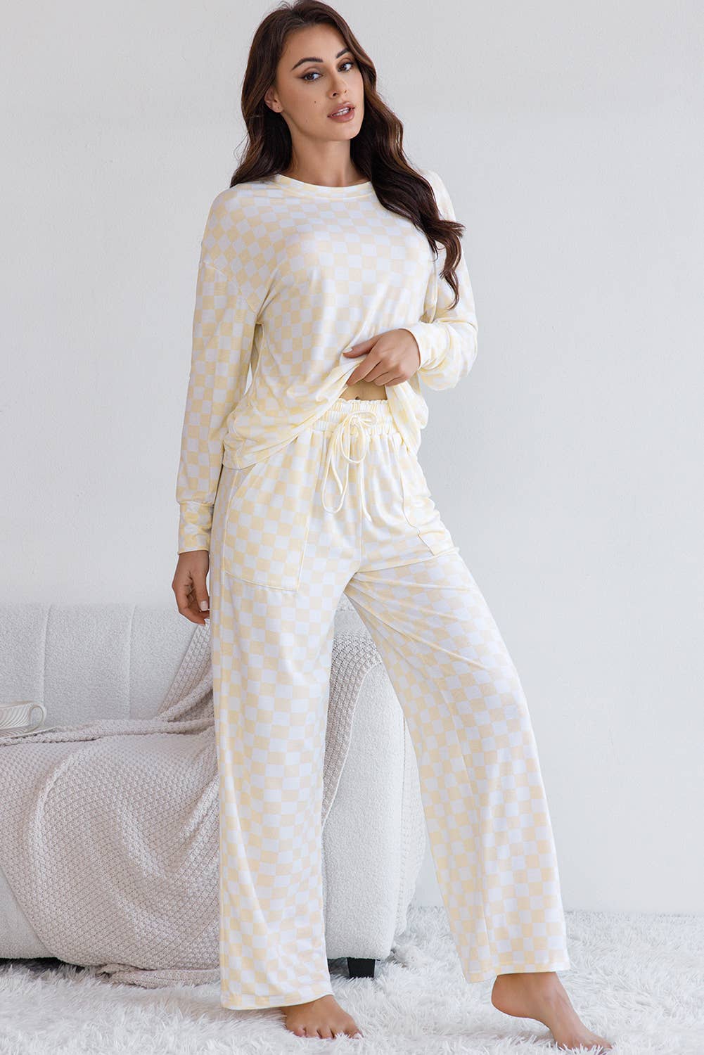 Checkered Print Long Sleeve Top and Pants Lounge Set