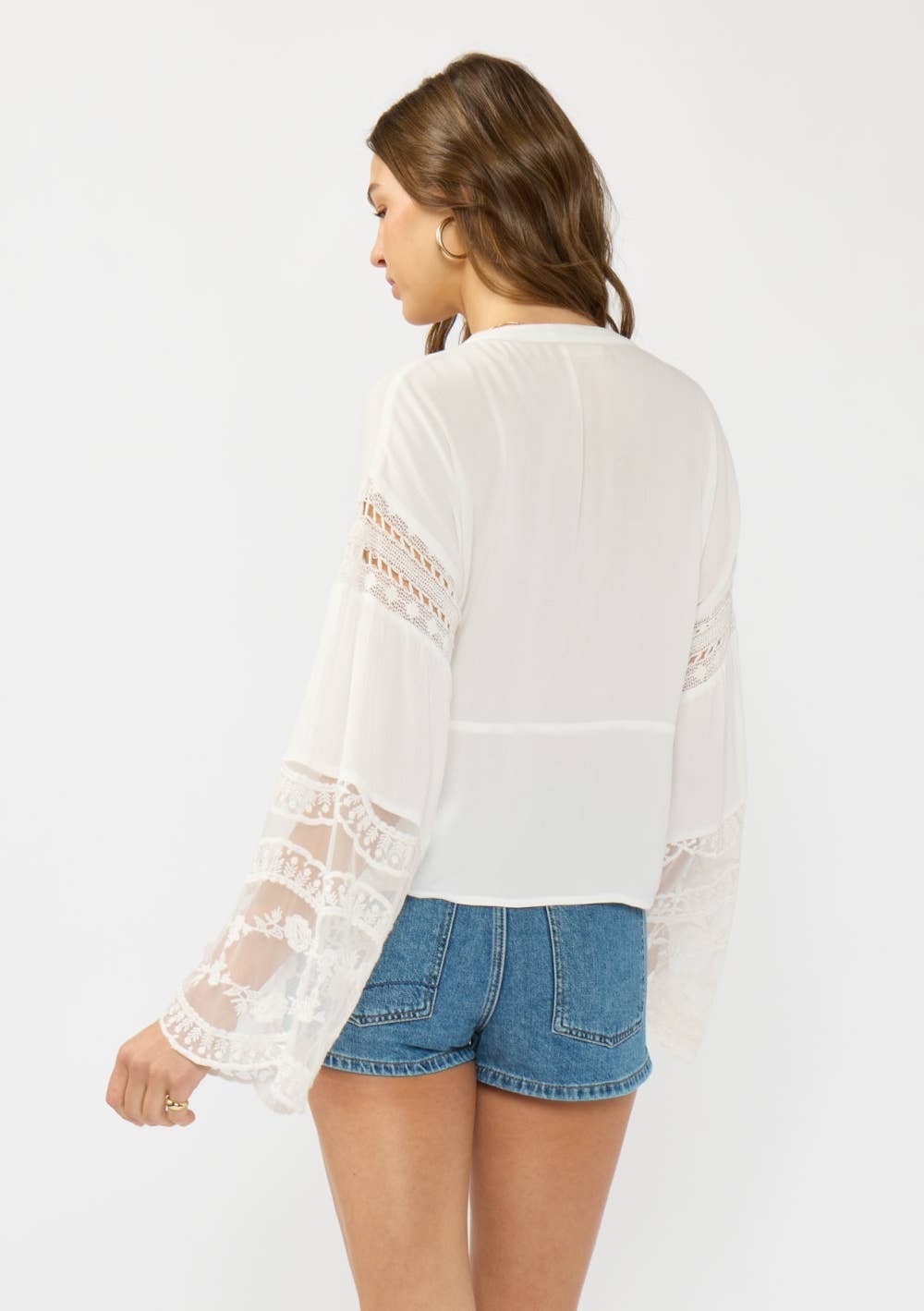 Drop Shoulder Patchwork Lace Bell Sleeve Blouse