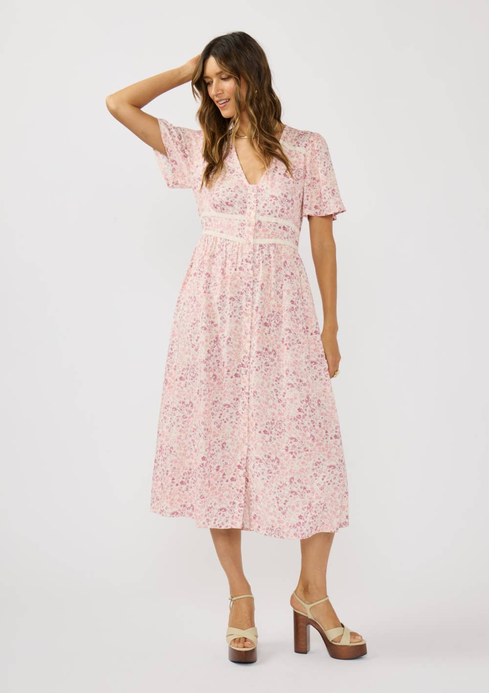 Floral Lace Trim Midi Dress
