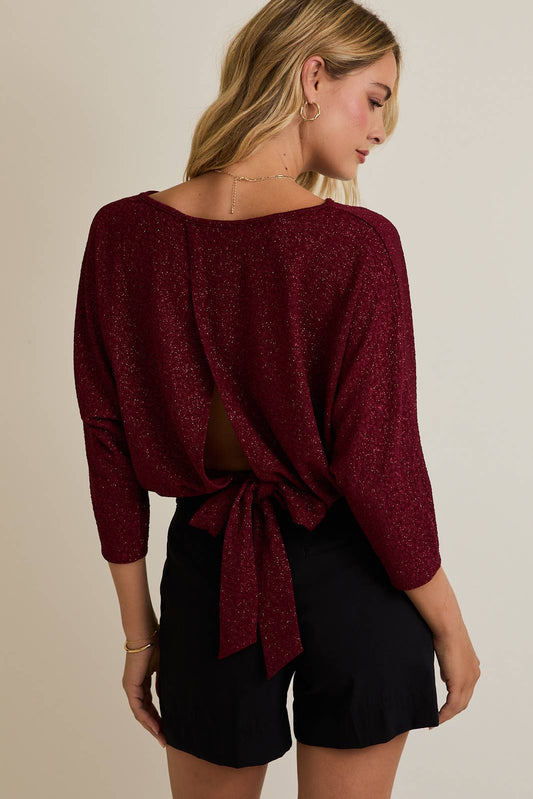 LONGSLEEVE BACK OPEN TIE LUREX TOP