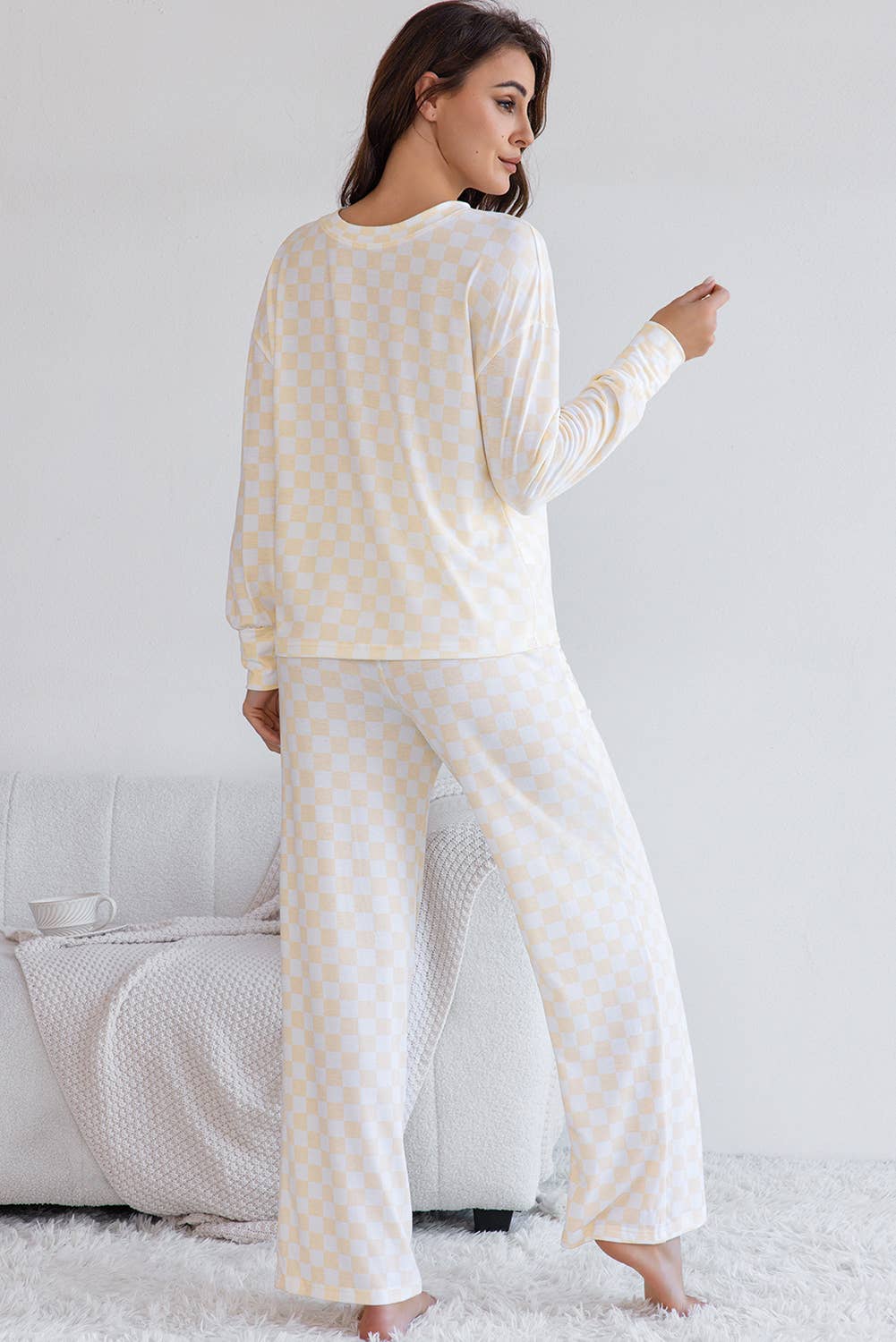 Checkered Print Long Sleeve Top and Pants Lounge Set