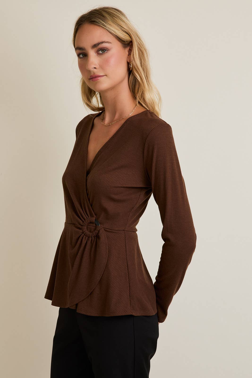 SURPLICE LONG SLEEVE O-RING TRIM DETAIL FLARE HEM TOP