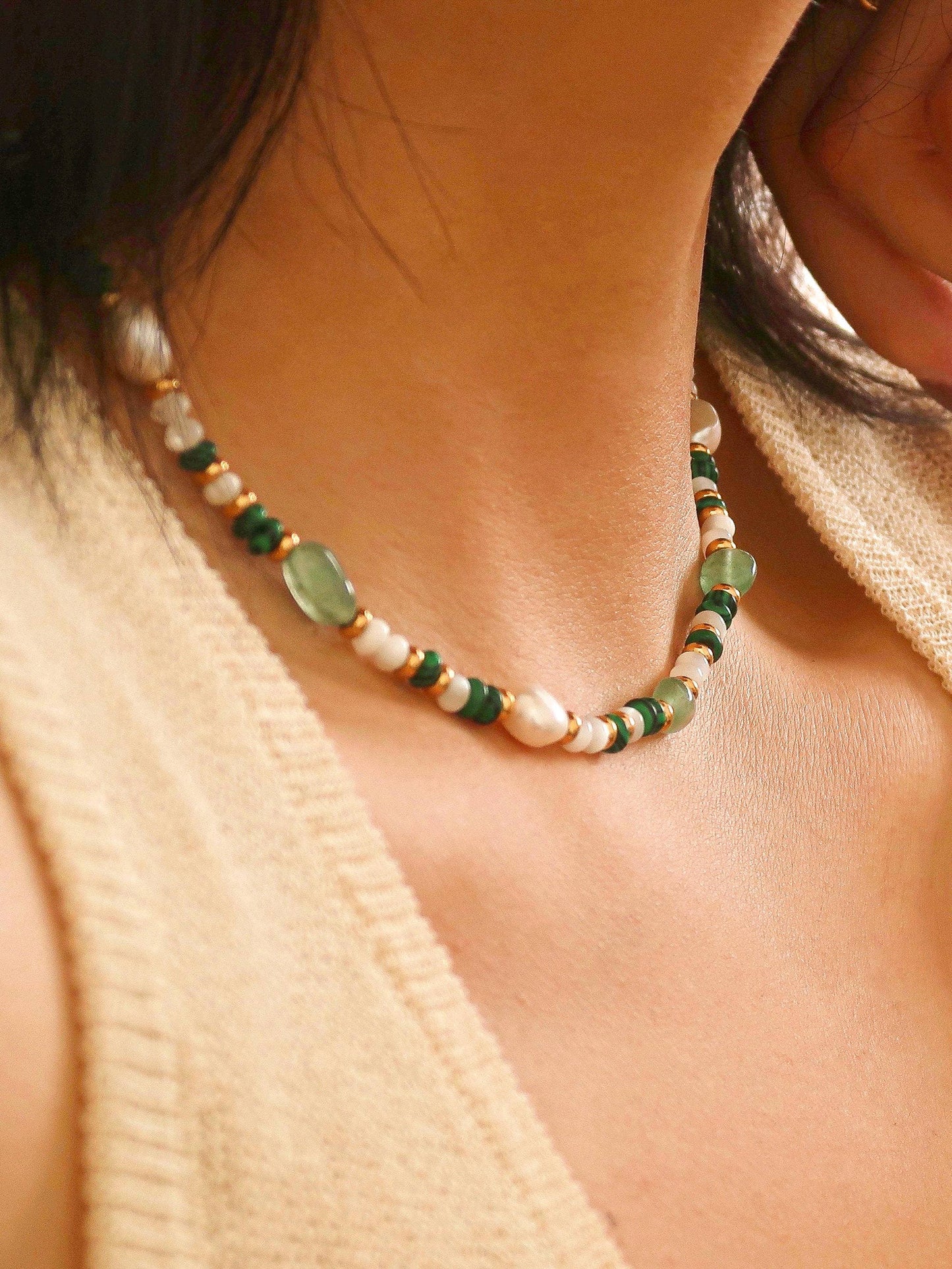 18K Non Tarnish Bohemian Rose Pearl and Bead Necklace