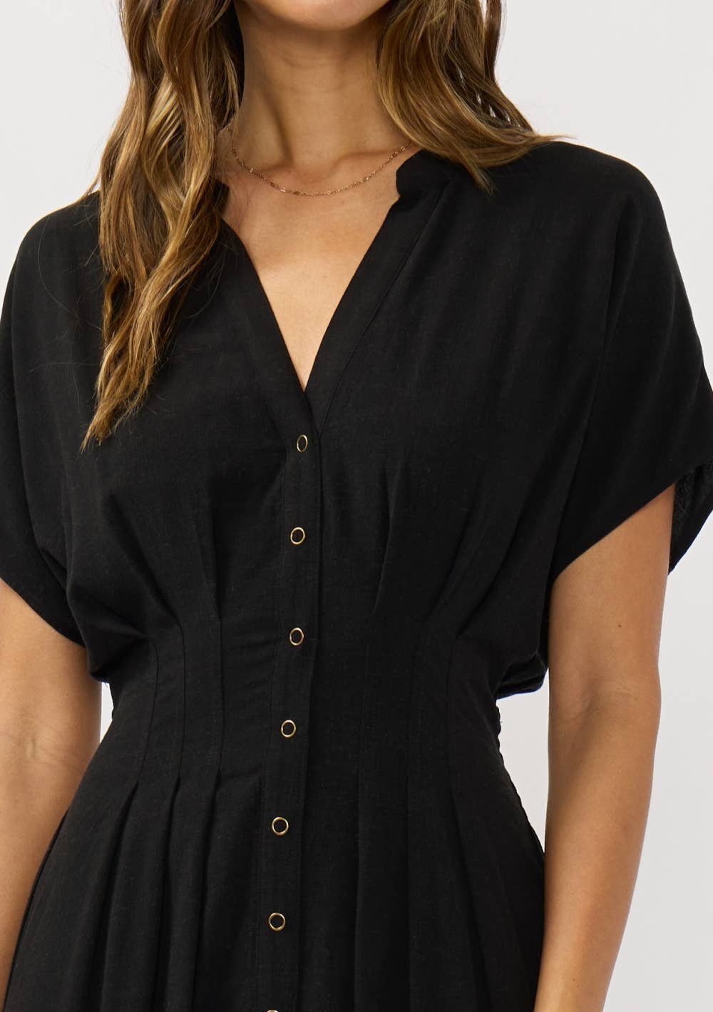 Pleated Front Waist Button Down Midi Dress