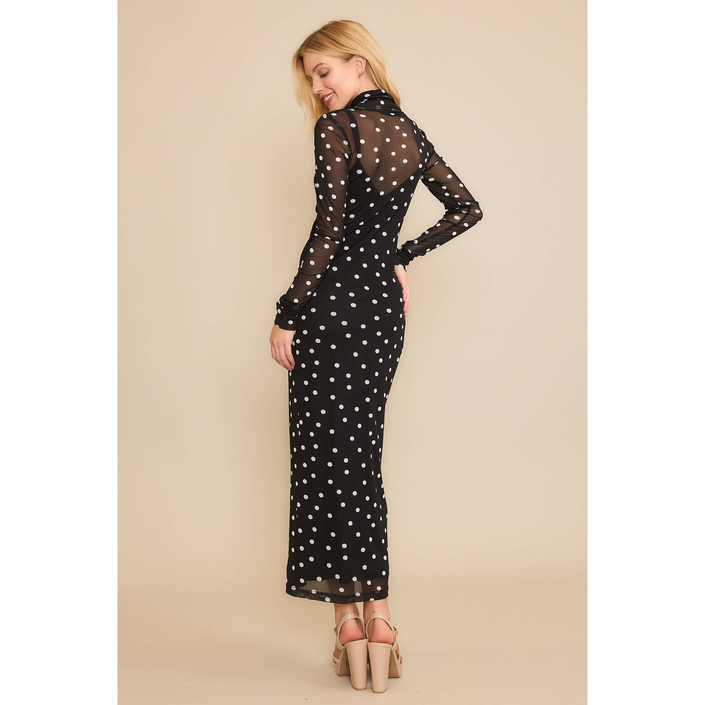 POLKA DOT MESH PRINT MAXI DRESS WITH SEPARATE LINING DRESS