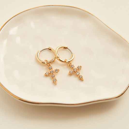 Cera Pave Inspirational Cross Hoop Earrings