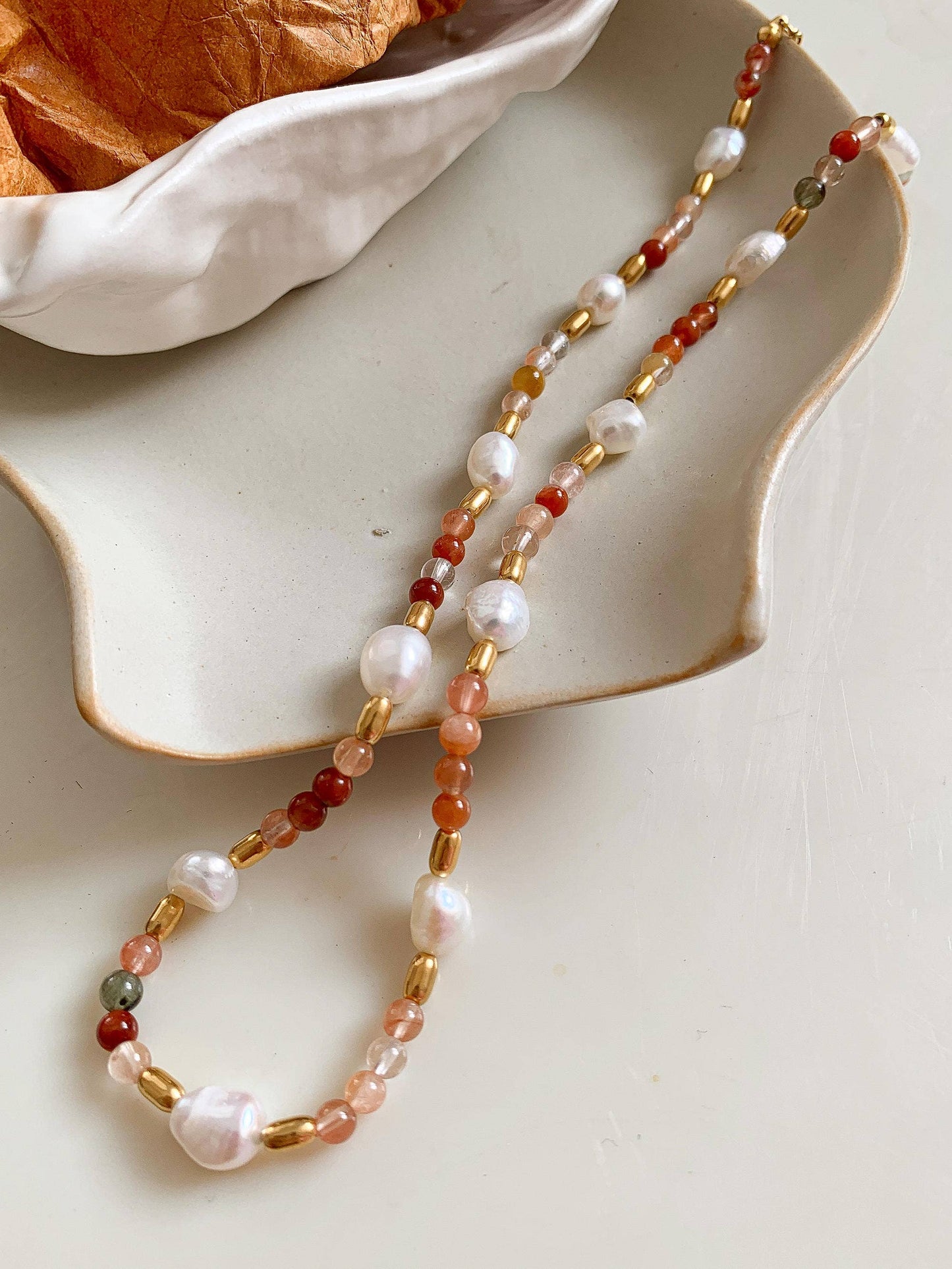 18K Non Tarnish Bohemian Rose Pearl and Bead Necklace