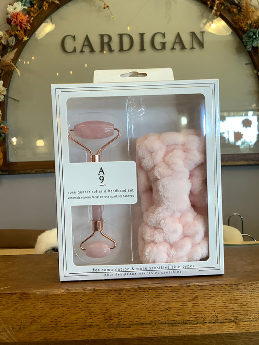 Rose Quartz Facial Roller & Spa Headband Gift Set