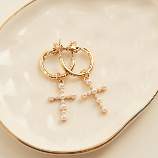 Cera Inspirational Pearl Cross Earrings
