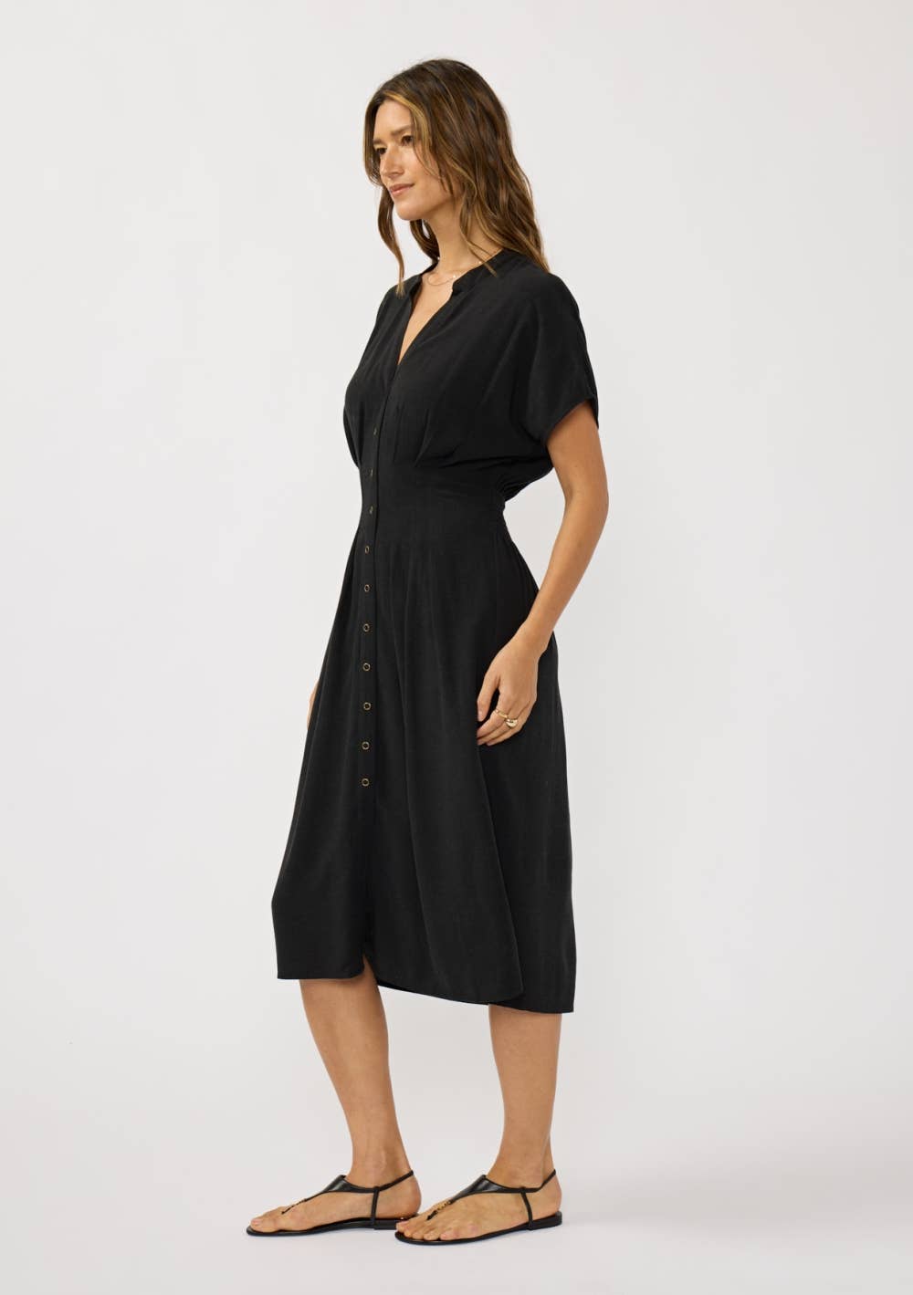 Pleated Front Waist Button Down Midi Dress