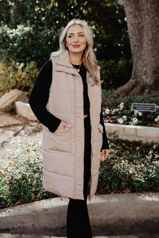 Long Puffer Wholesale Vests (Tan)