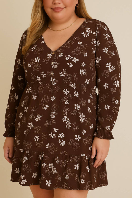 V-NECK LONG SLEEVE BUTTON DOWN FLORAL PRINT DRESS: BROWN-CREAM FLORAL / 1X