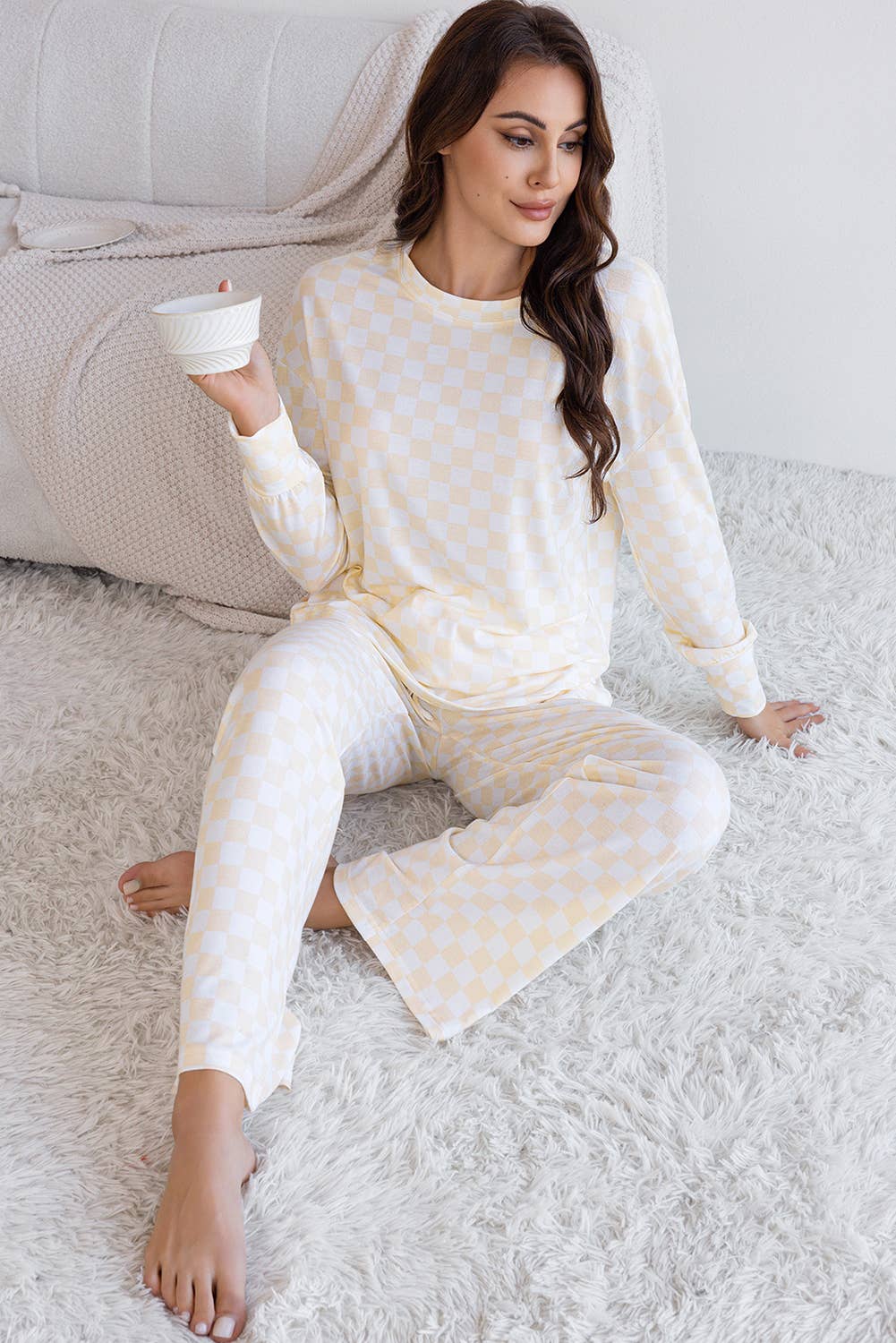 Checkered Print Long Sleeve Top and Pants Lounge Set