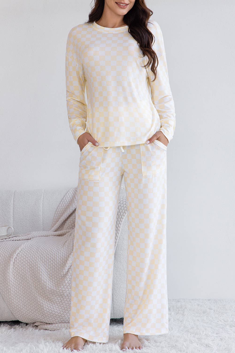 Checkered Print Long Sleeve Top and Pants Lounge Set