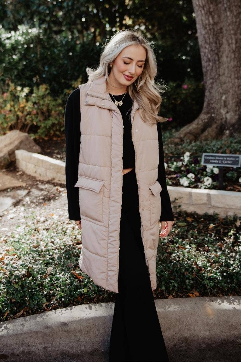 Long Puffer Wholesale Vests (Tan)