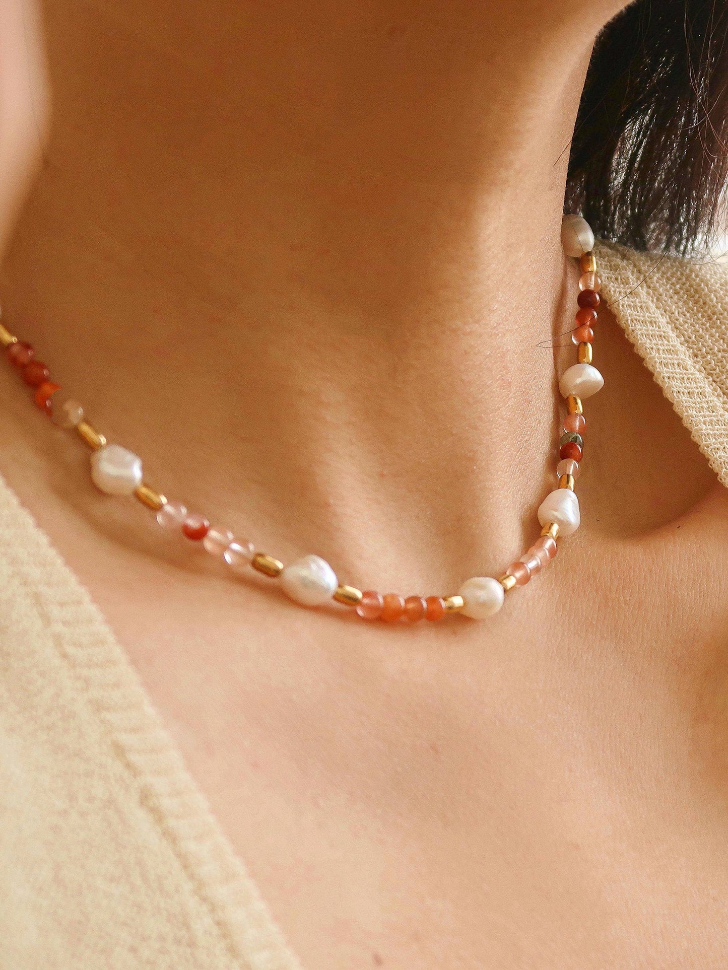 18K Non Tarnish Bohemian Rose Pearl and Bead Necklace
