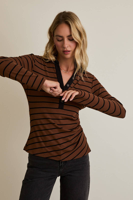 BUTTON UP LONG SLEEVE STRIPE POLO SHIRT