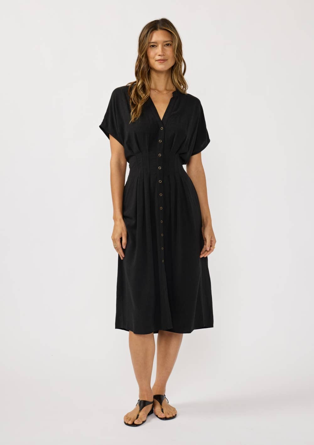 Pleated Front Waist Button Down Midi Dress