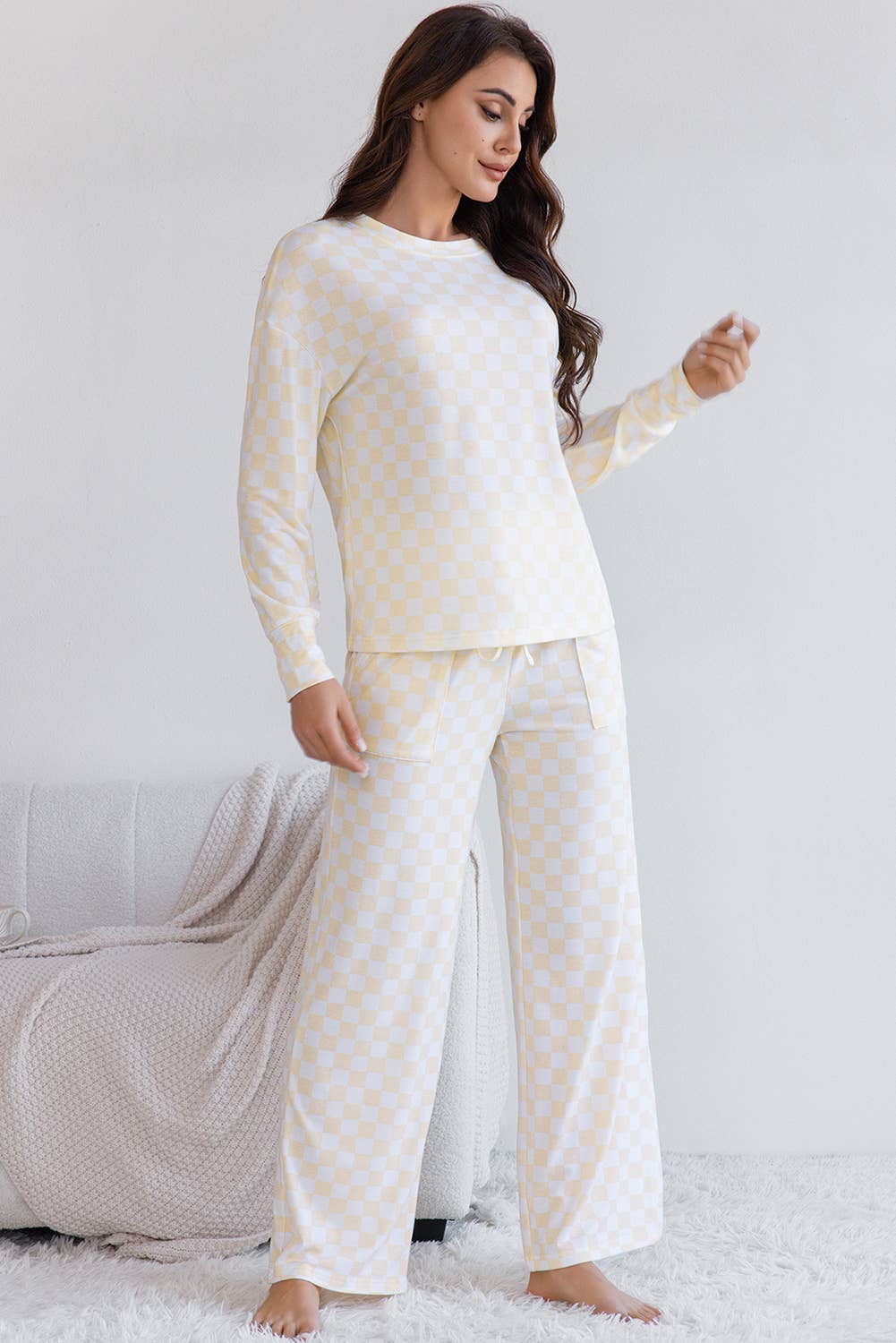 Checkered Print Long Sleeve Top and Pants Lounge Set