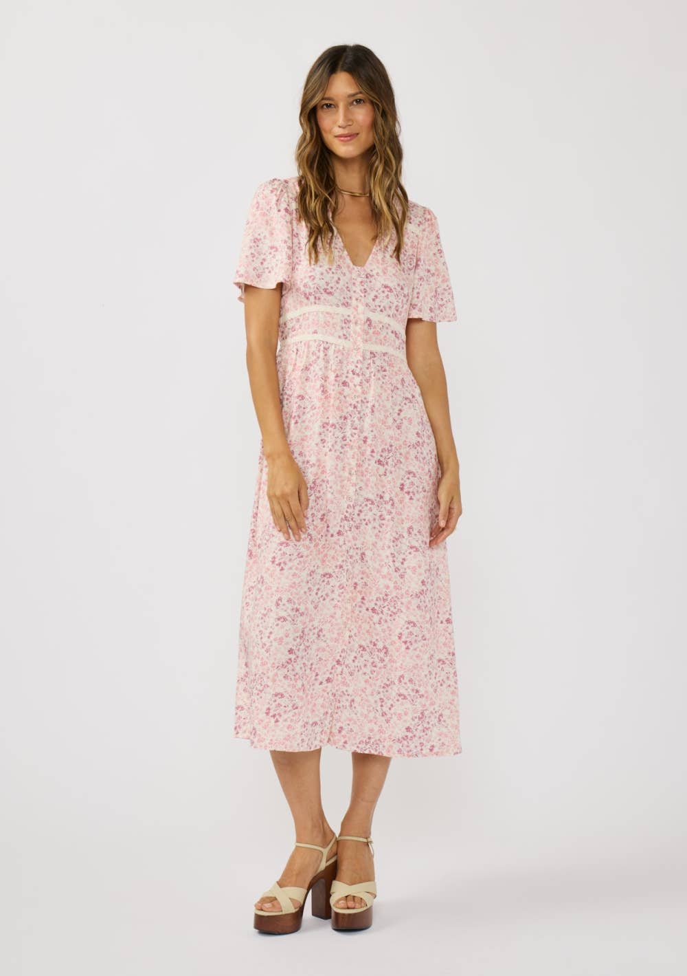 Floral Lace Trim Midi Dress