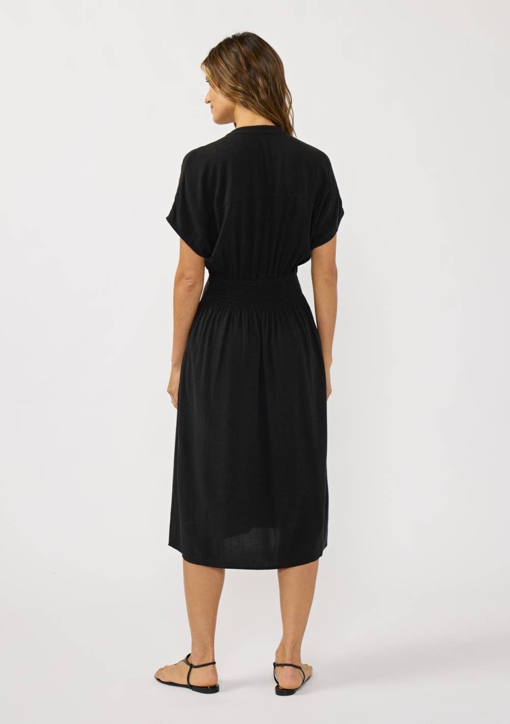 Pleated Front Waist Button Down Midi Dress