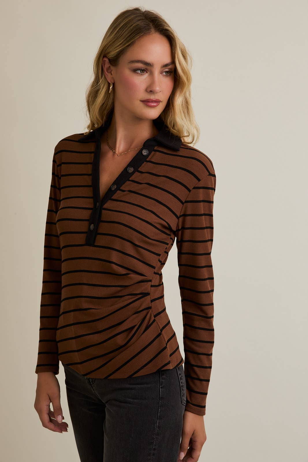 BUTTON UP LONG SLEEVE STRIPE POLO SHIRT