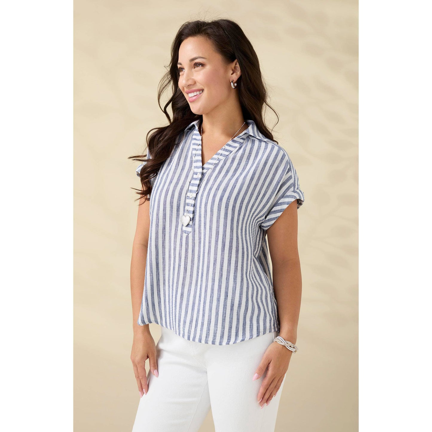 Reagan Cap Sleeve Striped Collared Top