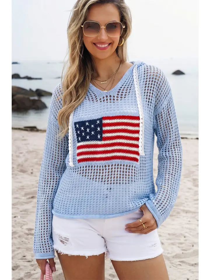 4th of July Knit American Star Flag Patched Sweater Hoodie